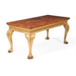 A CARVED GILTWOOD AND YEW WOOD CONSOLE TABLE, IN GEORGE II STYLE, 20TH CENTURY