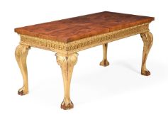 A CARVED GILTWOOD AND YEW WOOD CONSOLE TABLE, IN GEORGE II STYLE, 20TH CENTURY