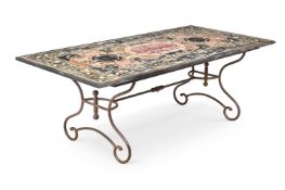 A LARGE CONTINENTAL SPECIMEN MARBLE AND WROUGHT IRON TABLE, PROBABLY ITALIAN, 20TH CENTURY
