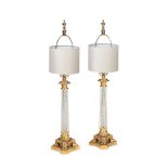 A PAIR OF GLASS MOUNTED ORMOLU TABLE LAMPS, AUSTRIAN, 20TH CENTURY