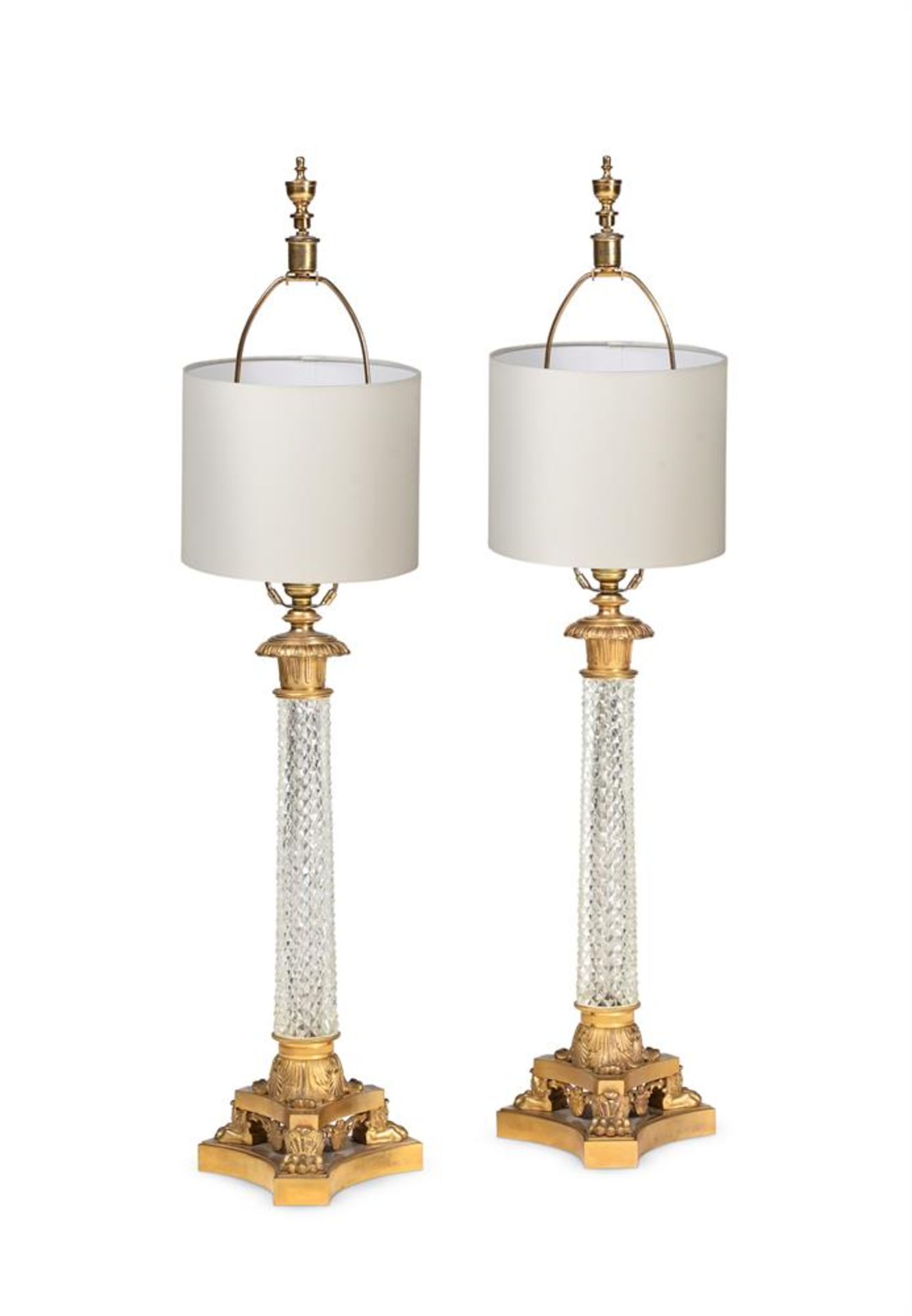 A PAIR OF GLASS MOUNTED ORMOLU TABLE LAMPS, AUSTRIAN, 20TH CENTURY