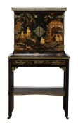 A BLACK LACQUER GILT CHINOISERIE DECORATED, AND GILT METAL MOUNTED CABINET ON STAND, MID19TH CENTURY