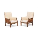 A PAIR OF BEECH AND UPHOLSTERED ARMCHAIRS, IN GOTHIC REVIVAL STYLE, SECOND HALF 19TH CENTURY