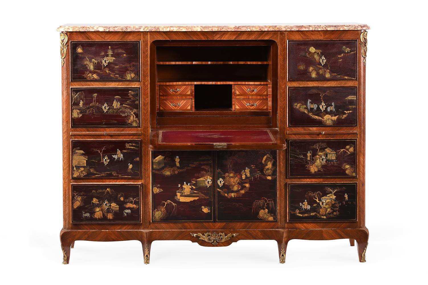 Y A FRENCH KINGWOOD, TULIPWOOD, MAROON LACQUER AND GILT METAL MOUNTED SECRETAIRE SIDE CABINET - Image 2 of 5