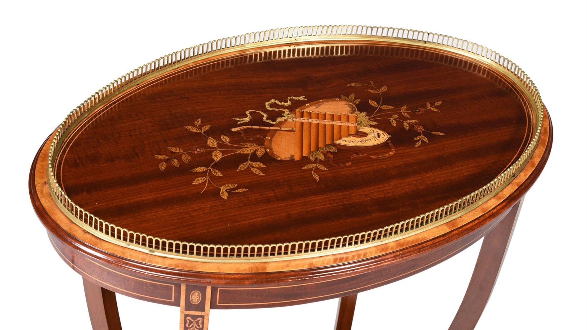 A MAHOGANY, SATINWOOD, MARQUETRY, AND GILT METAL MOUNTED OVAL OCCASIONAL TABLE, IN GEORGE III STYLE - Image 2 of 4