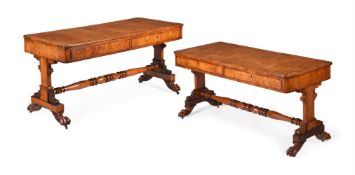 Y AN UNUSUAL NEAR PAIR OF GEORGE IV OAK, POLLARD OAK AND GONCALO ALVES BANDED LIBRARY OR SIDE TABLES