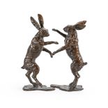 JOHN COX (1952-2014) A PAIR OF BRONZE FIGURES OF BOXING HARES, MODERN