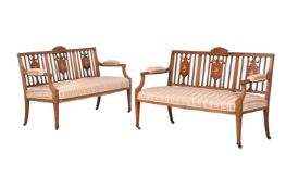 A PAIR OF LATE VICTORIAN MAHOGANY, MARQUETRY AND UPHOLSTERED SETTEES, BY JAMES SHOOLBRED & CO