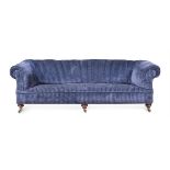 A VICTORIAN MAHOGANY AND UPHOLSTERED SOFA, IN HOWARD STYLE, LATE 19TH CENTURY