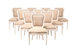 A SET OF TEN CREAM PAINTED AND UPHOLSTERED DINING CHAIRS, IN GEORGE III STYLE, MODERN