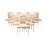 A SET OF TEN CREAM PAINTED AND UPHOLSTERED DINING CHAIRS, IN GEORGE III STYLE, MODERN