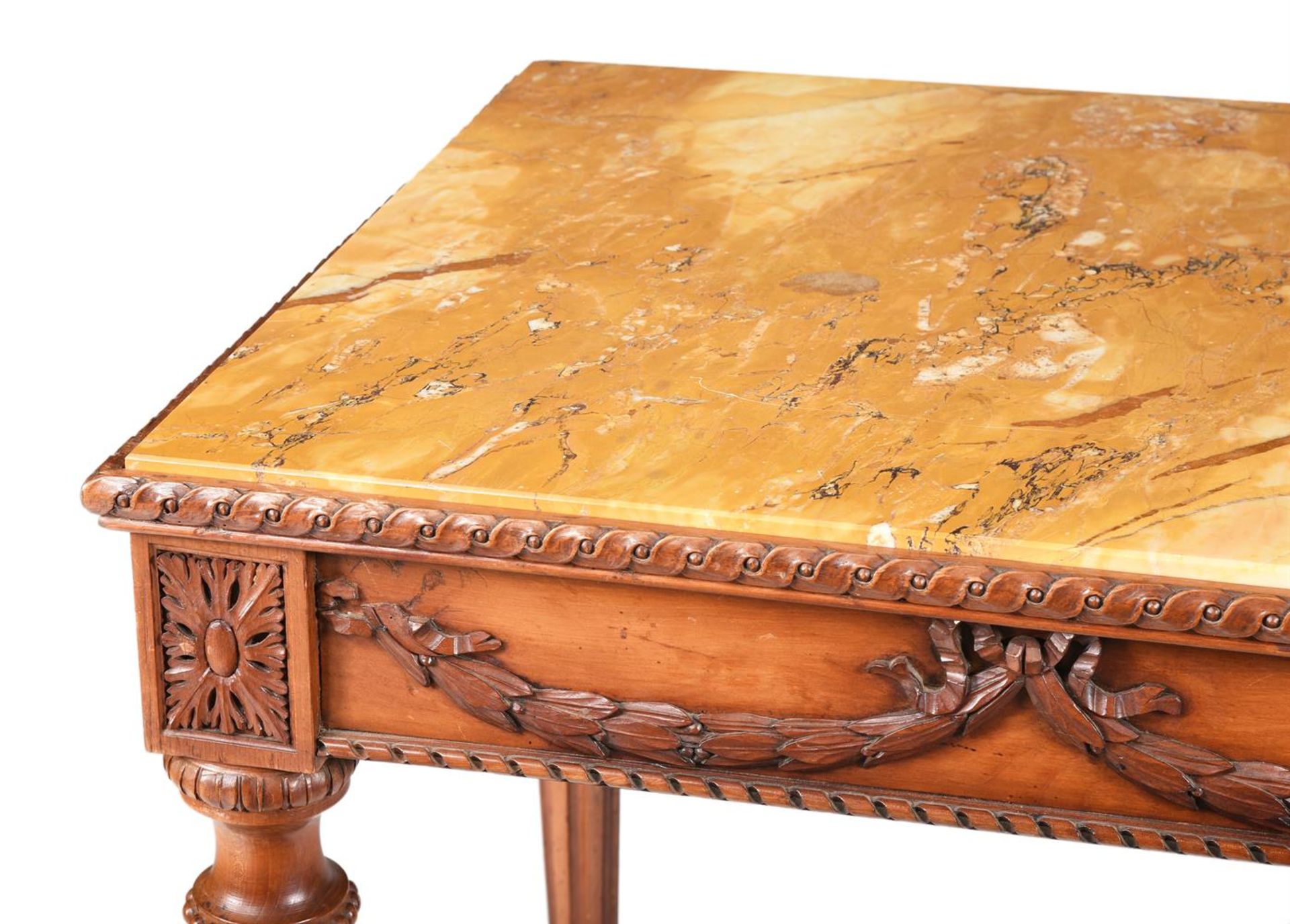 A PAIR OF CONTINENTAL WALNUT AND SIENA MARBLE MOUNTED CONSOLE TABLES, 19TH CENTURY - Image 4 of 4