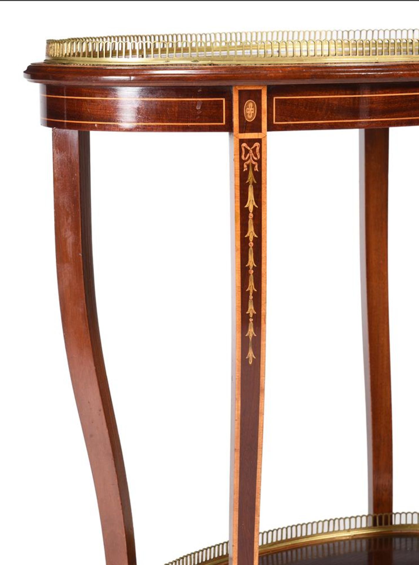 A MAHOGANY, SATINWOOD, MARQUETRY, AND GILT METAL MOUNTED OVAL OCCASIONAL TABLE, IN GEORGE III STYLE - Image 3 of 4