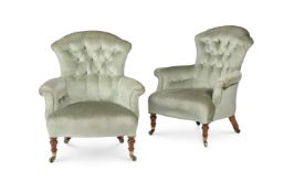 A PAIR OF MAHOGANY AND UPHOLSTERED ARMCHAIRS, BY HOWARD AND SONS, MID 19TH CENTURY