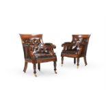 A PAIR OF WILLIAM IV ROSEWOOD AND BUTTONED LEATHER UPHOLSTERED LIBRARY ARMCHAIRS, CIRCA 1835