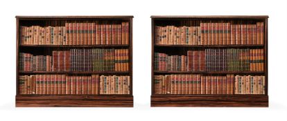 A PAIR OF CALAMANDER OPEN BOOKCASES, IN REGENCY STYLE, OF RECENT MANUFACTURE