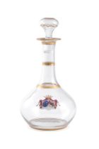 A FRENCH GLASS COMMEMORATIVE ARMORIAL DECANTER AND STOPPER, MID 19TH CENTURY