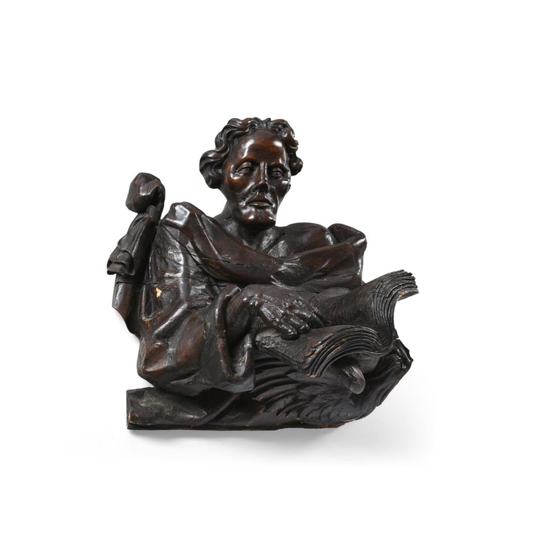 A CARVED WOODEN BUST FIGURE OF ST JOHN THE EVANGELIST, LATE 17TH OR EARLY 18TH CENTURY