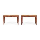 A PAIR OF CONTINENTAL WALNUT AND SIENA MARBLE MOUNTED CONSOLE TABLES, 19TH CENTURY