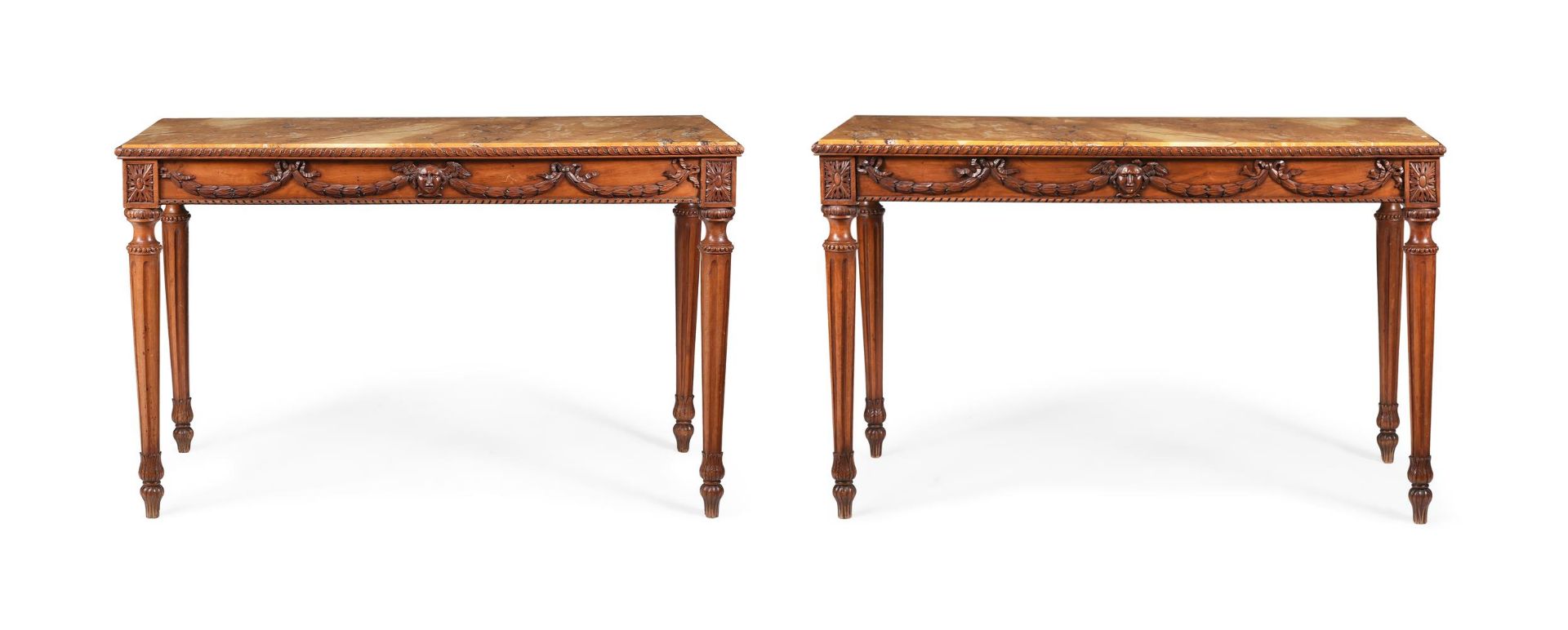 A PAIR OF CONTINENTAL WALNUT AND SIENA MARBLE MOUNTED CONSOLE TABLES, 19TH CENTURY