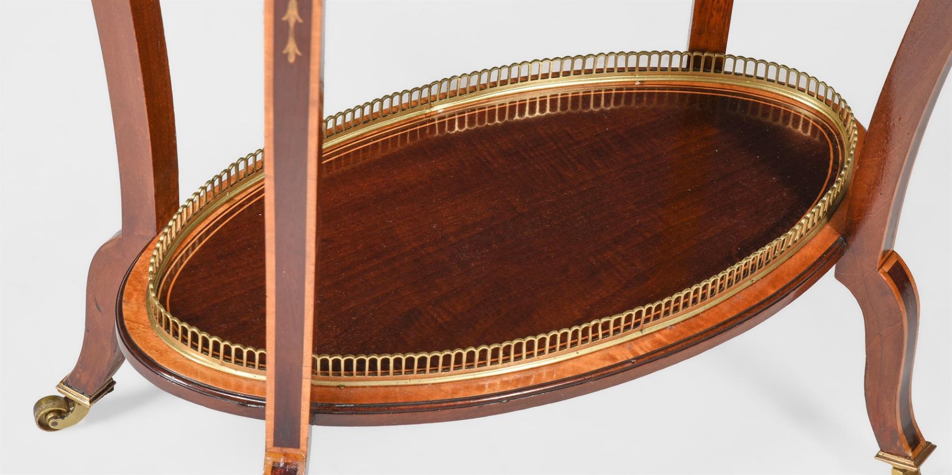 A MAHOGANY, SATINWOOD, MARQUETRY, AND GILT METAL MOUNTED OVAL OCCASIONAL TABLE, IN GEORGE III STYLE - Image 4 of 4