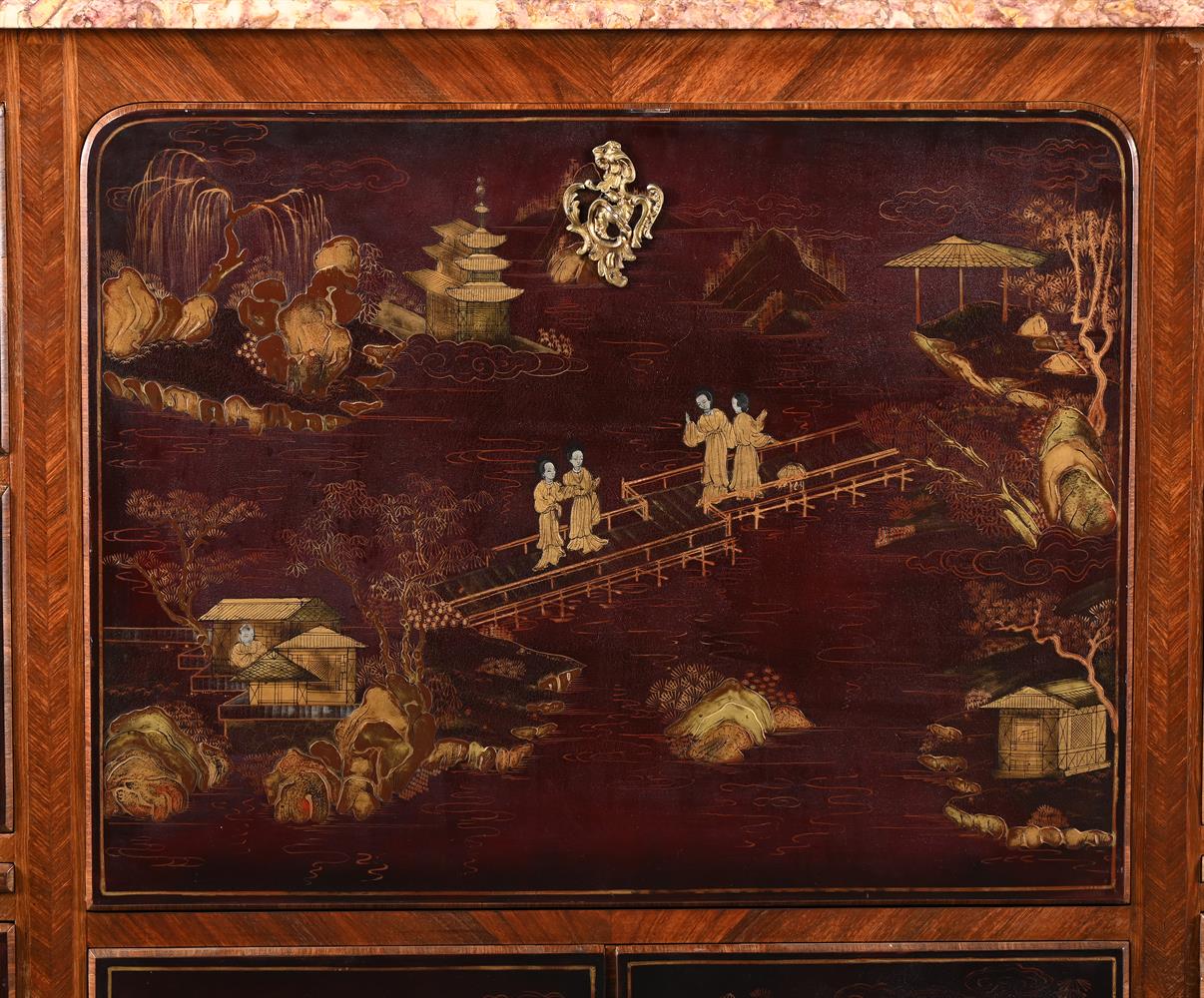 Y A FRENCH KINGWOOD, TULIPWOOD, MAROON LACQUER AND GILT METAL MOUNTED SECRETAIRE SIDE CABINET - Image 3 of 5