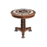 A MALTESE SPECIMEN MARBLE MOUNTED AND OLIVEWOOD PEDESTAL TABLE, ATTRIBUTED TO J. DARMANIN & SONS