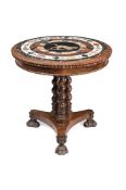 A MALTESE SPECIMEN MARBLE MOUNTED AND OLIVEWOOD PEDESTAL TABLE, ATTRIBUTED TO J. DARMANIN & SONS
