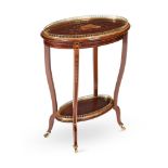 A MAHOGANY, SATINWOOD, MARQUETRY, AND GILT METAL MOUNTED OVAL OCCASIONAL TABLE, IN GEORGE III STYLE