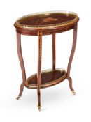 A MAHOGANY, SATINWOOD, MARQUETRY, AND GILT METAL MOUNTED OVAL OCCASIONAL TABLE, IN GEORGE III STYLE
