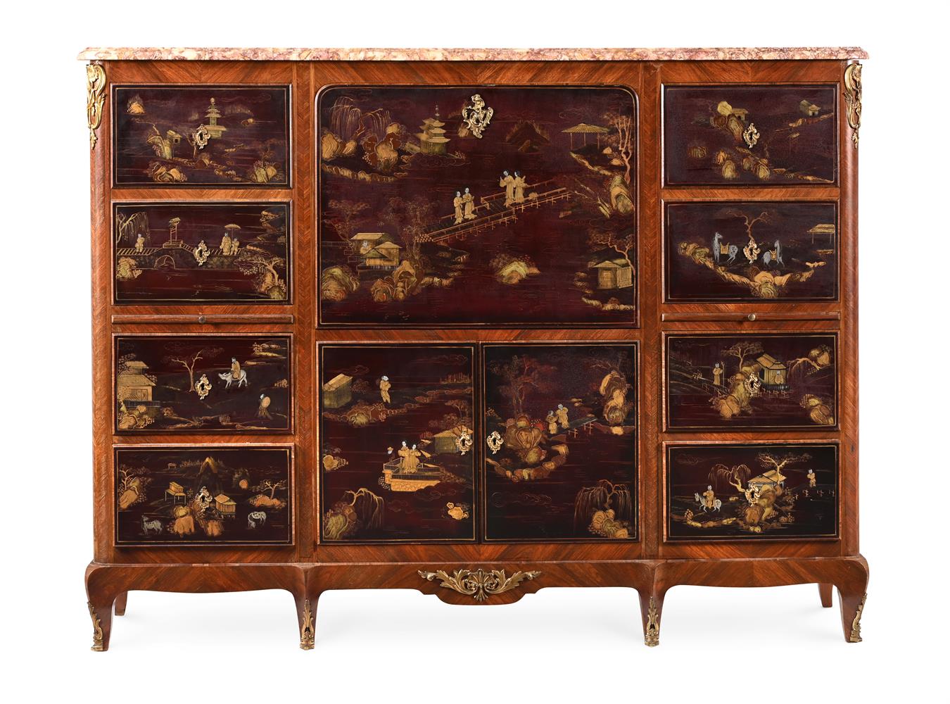 Y A FRENCH KINGWOOD, TULIPWOOD, MAROON LACQUER AND GILT METAL MOUNTED SECRETAIRE SIDE CABINET