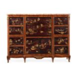 Y A FRENCH KINGWOOD, TULIPWOOD, MAROON LACQUER AND GILT METAL MOUNTED SECRETAIRE SIDE CABINET