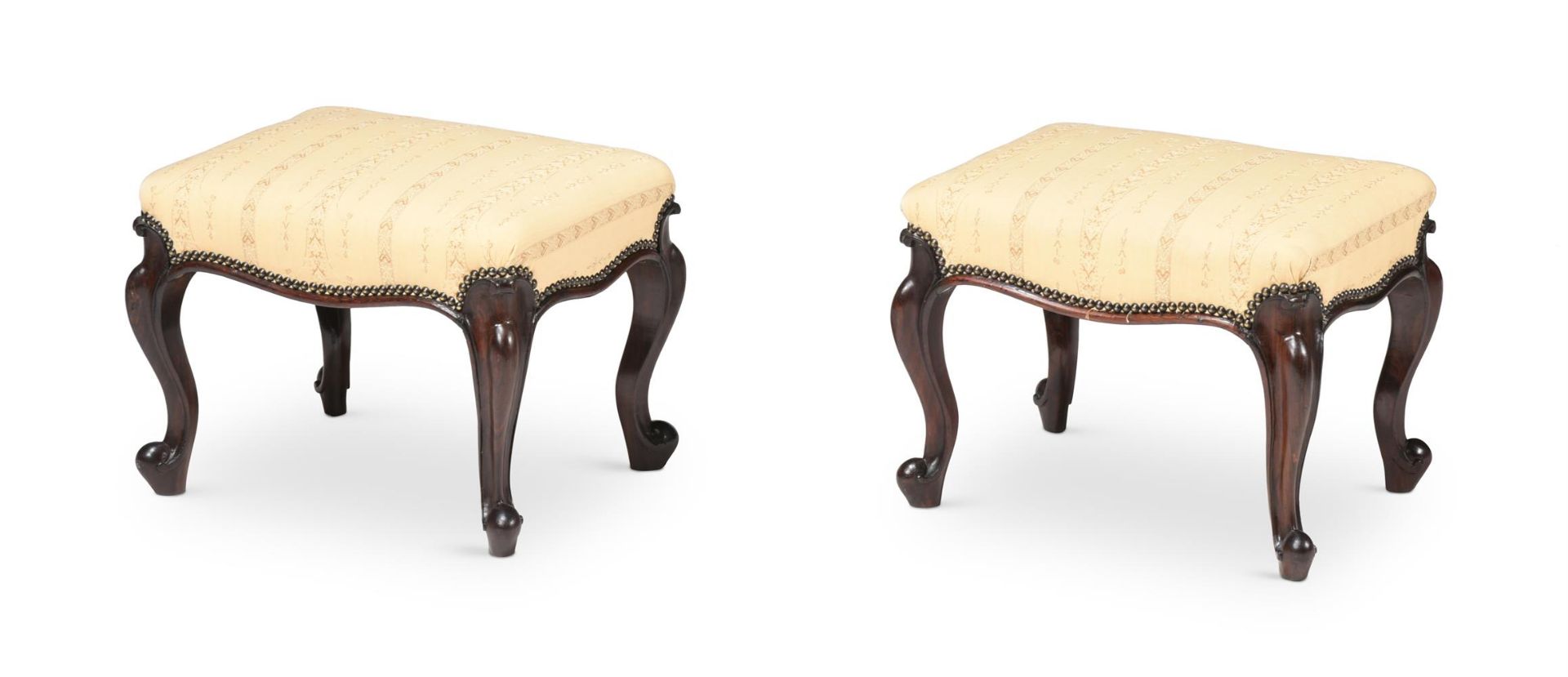Y A PAIR OF VICTORIAN ROSEWOOD AND UPHOLSTERED STOOLS, MID 19TH CENTURY