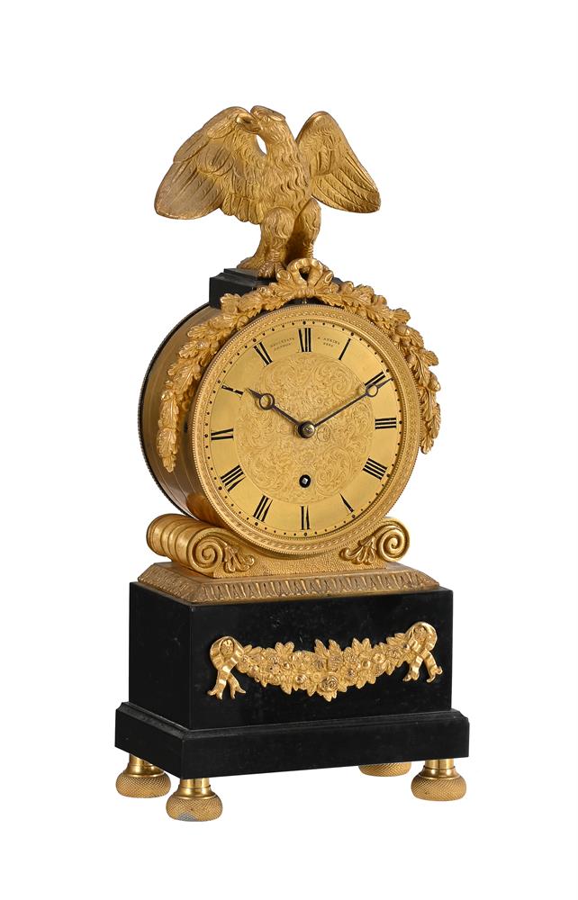 A REGENCY ORMOLU AND BLACK MARBLE SMALL ‘DRUM-HEAD’ MANTEL TIMEPIECE