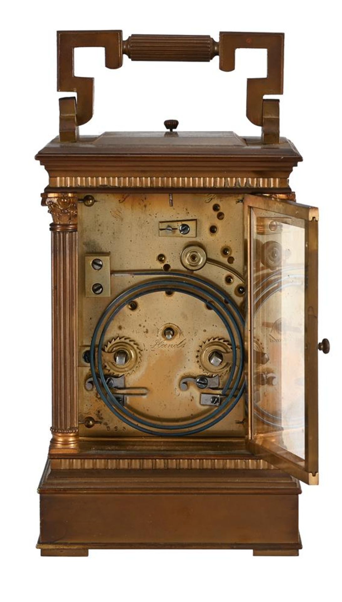 A FRENCH GILT BRASS ANGLAISE RICHE CASED REPEATING CARRIAGE CLOCK WITH PAINTED PORCELAIN DIAL PANEL - Bild 3 aus 3