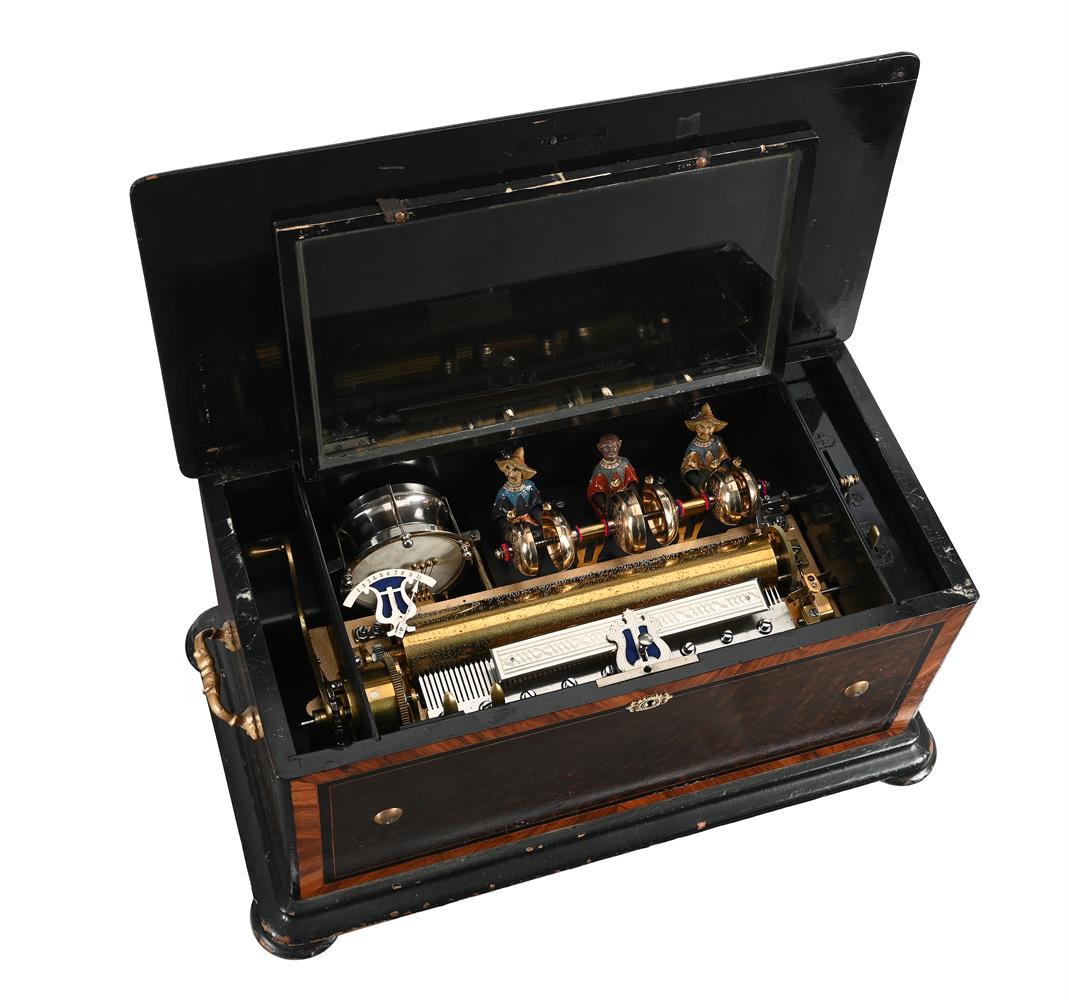 Y A SWISS TULIP WOOD BANDED 'DRUM AND BELLS IN SIGHT’ AUTOMATON MUSIC BOX WITH ZITHER ATTACHMENT