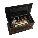 Y A SWISS TULIP WOOD BANDED 'DRUM AND BELLS IN SIGHT’ AUTOMATON MUSIC BOX WITH ZITHER ATTACHMENT
