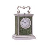 A RARE SWISS MINIATURE SHAGREEN MOUNTED SILVER PETIT SONNERIE STRIKING AND REPEATING CARRIAGE CLOCK