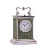 A RARE SWISS MINIATURE SHAGREEN MOUNTED SILVER PETIT SONNERIE STRIKING AND REPEATING CARRIAGE CLOCK