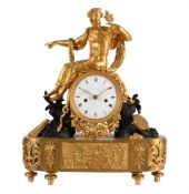 A FINE FRENCH EMPIRE ORMOLU AND PATINATED BRONZE FIGURAL MANTEL CLOCK WITH BACCHUS