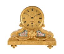 A RARE FRENCH SEVRES STYLE PORCELAIN INSET ORMOLU MANTEL TIMEPIECE OF ONE-YEAR DURATION
