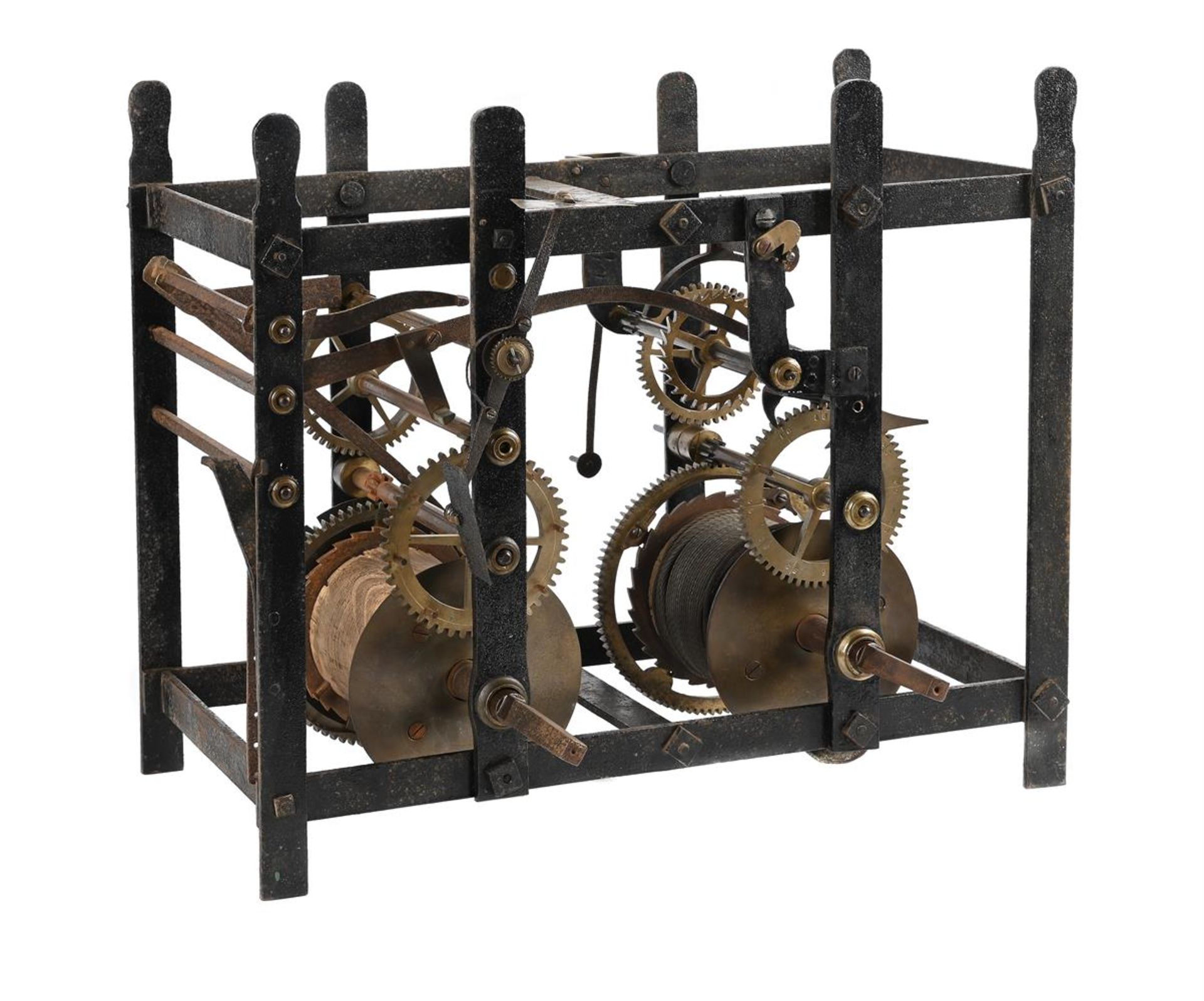 AN ENGLISH WROUGHT IRON AND BRASS TURRET CLOCK MOVEMENT TOGETHER WITH AN EARLIER ‘SETTING DIAL’