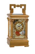 A FRENCH GILT ANGLAISE RICHE CASED MINIATURE CARRIAGE TIMEPIECE WITH AESTHETIC PORCELAIN PANELS