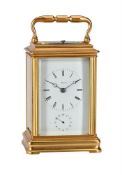A FRENCH GILT BRASS CANNELEE CASED REPEATING CARRIAGE CLOCK WITH ALARM