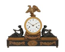A REGENCY ORMLU AND PATINATED BRONZE FIGURAL MANTEL CLOCK