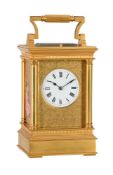 A FRENCH GILT BRASS ANGLAISE CASED REPEATING CARRIAGE CLOCK WITH PAINTED PORCELAIN PANELS