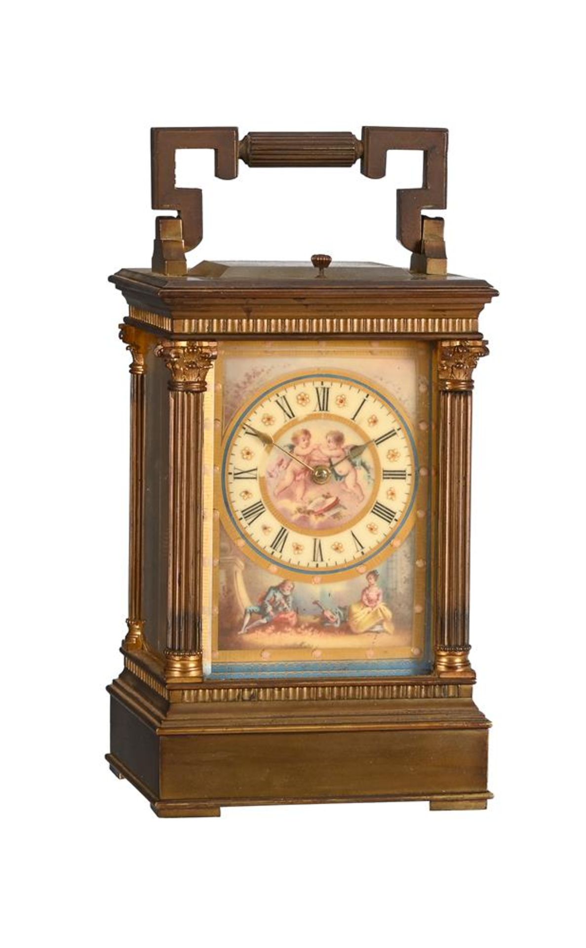 A FRENCH GILT BRASS ANGLAISE RICHE CASED REPEATING CARRIAGE CLOCK WITH PAINTED PORCELAIN DIAL PANEL
