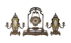 A FRENCH SILVERED BRASS PORCELAIN INSET MANTEL CLOCK GARNITURE IN THE CHINESE TASTE