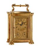 AN UNUSUAL ENGLISH GILT BRASS SMALL MOONPHASE CALENDAR CARRIAGE CLOCK WITH TANDEM-DRIVE BARREL