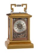 A FINE FRENCH GILT REPEATING CARRIAGE CLOCK WITH MULTI-COLOURED PATINATED RELIEF CHINOISERIE PANELS
